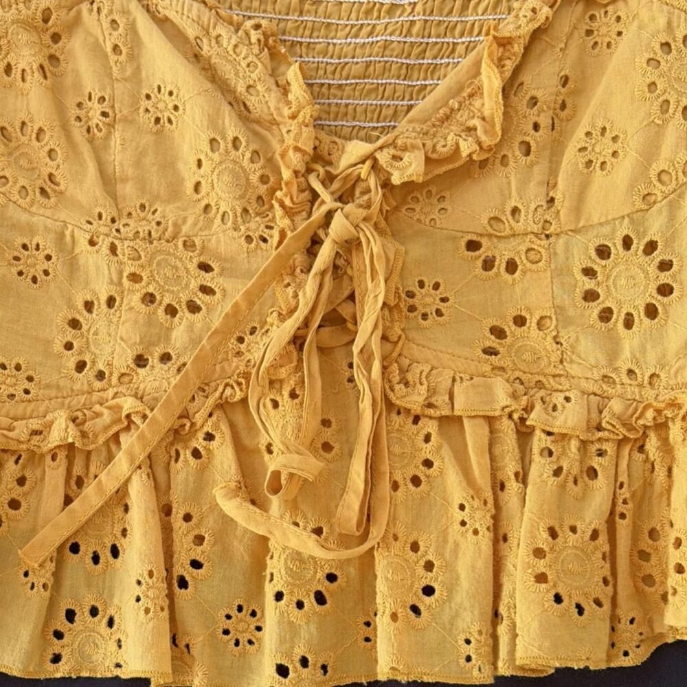 AGACI Yellow Floral Ruffle Embroidered Cropped Blouse L Boho cottagecore - Picture 2 of 4